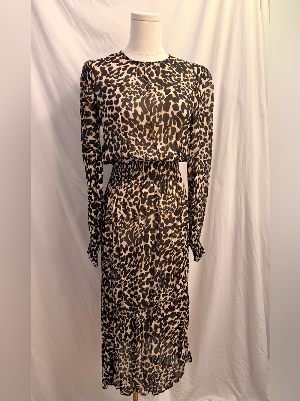 ZARA Leopard Print Long Sleeve Midi Dress